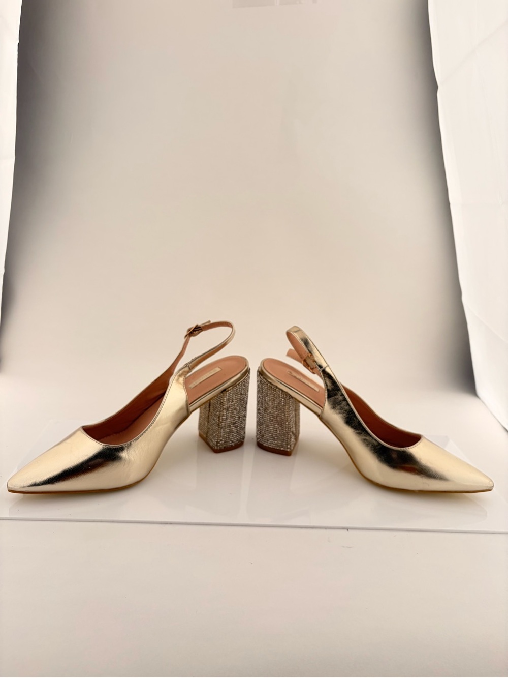 Metallic Gold Slingback Block Heel Pumps